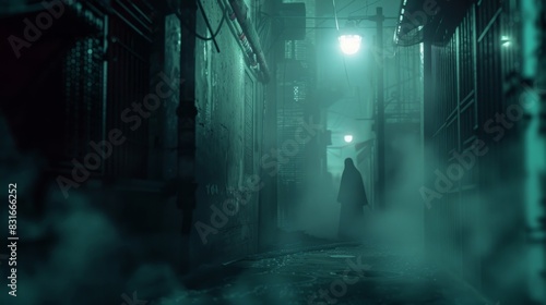 A dimly lit alleyway of the blockchain guarded by robed figures and veiled by an imtrable fog. photo
