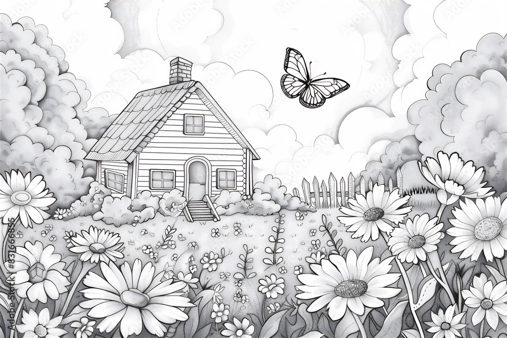 Coloring pages of little house in flower garden with butterfly.