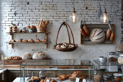 Scandinavian bakery whitewashed brick walls, display case with pastries, hanging basket with bread. photo