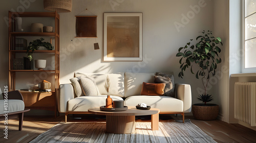 A living room with a couch, coffee table, and potted plants