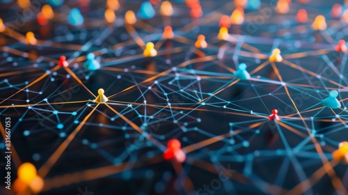 A detailed closeup of interconnected nodes each one representing a unique user profile within the vast network of a decentralized social platform. photo