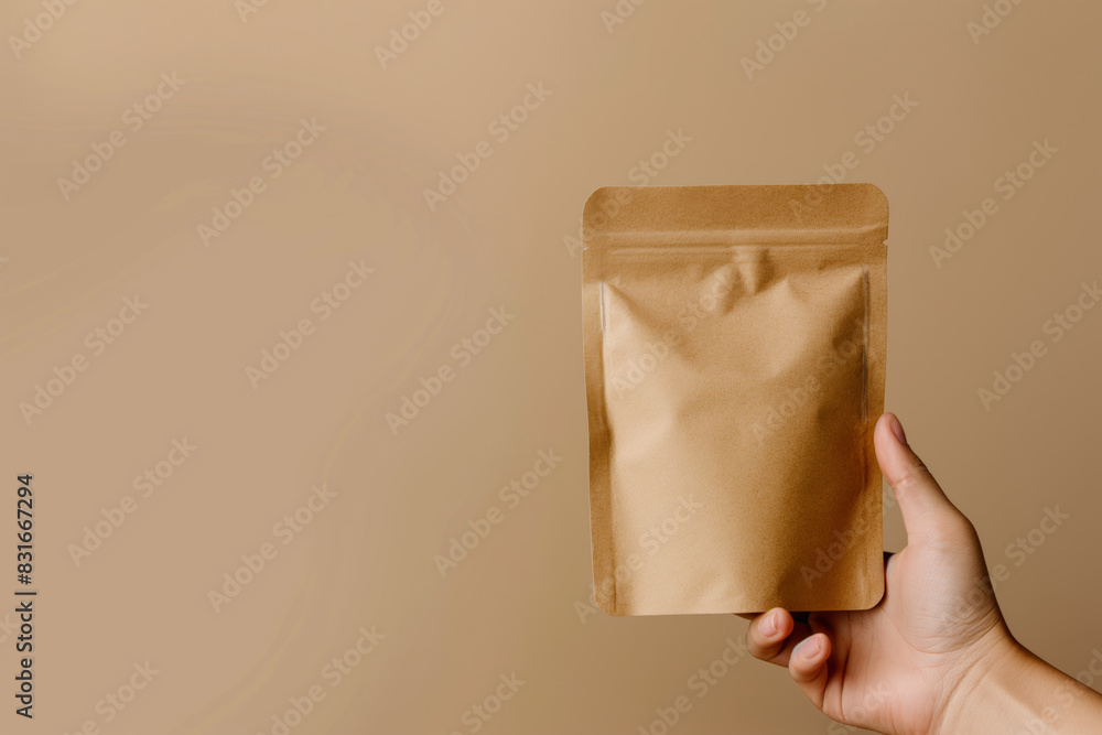 Hand holding kraft packaging bag. Packaging mockup concept.