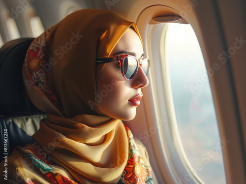 Muslim woman in hijab traveling on airplane