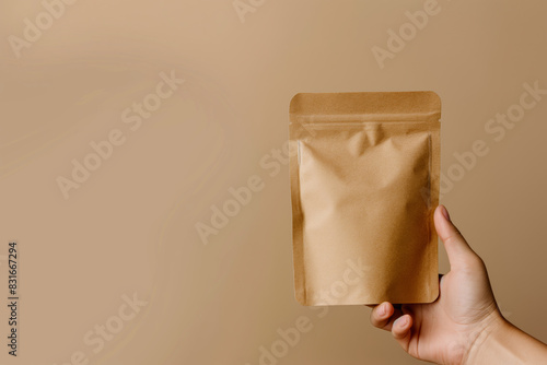 Obraz na płótnie Hand holding kraft packaging bag. Packaging mockup concept. w salonie
