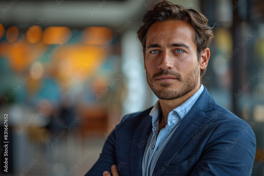Elegant Young Caucasian Man in a Blue Suit Standing with a Confident Expression Indoors Elegant Young Caucasian Man in a Blue Suit Standing with a Confident Expression Indoors