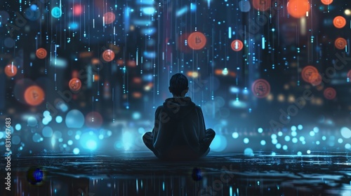 An individual sitting alone in a dark room surrounded by glowing crypto symbols conveying the isolating and allconsuming effects of being completely immersed in the digital currency photo