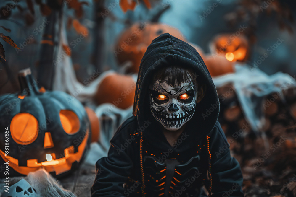 child dressed in a hooded costume with a glowing skeleton face paint stands amidst a spooky Halloween setup. The background is filled with large, glowing jack-o'-lanterns, cobwebs, and autumn leaves, child dressed in a hooded costume with a glowing skeleton face paint stands amidst a spooky Halloween setup. The background is filled with large, glowing jack-o'-lanterns, cobwebs, and autumn leaves,