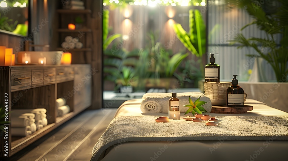 Luxury spa interior with massage table, candles, and essential oils. Relaxing and serene atmosphere in a modern wellness center. Spa and relaxation concept for design and print Luxury spa interior with massage table, candles, and essential oils. Relaxing and serene atmosphere in a modern wellness center. Spa and relaxation concept for design and print