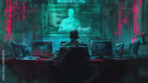 Cyber hacker in a futuristic command center - A cyberpunk hacker sits before multiple screens displaying codes and data in a neon-lit room