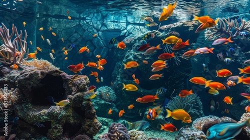 Busy underwater coral reef with various fish - A lively coral reef ecosystem teeming with different species of fish among the coral formations