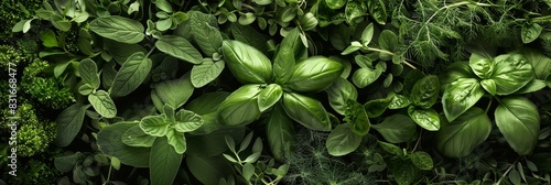 Vibrant assortment of fresh culinary herbs - A lush, green display of various fresh herbs used for culinary purposes, filling the frame with a rich tapestry of textures photo