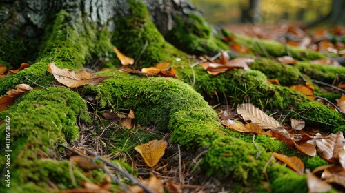 Moss growing on tree roots with dried leaves nearby © TheWaterMeloonProjec
