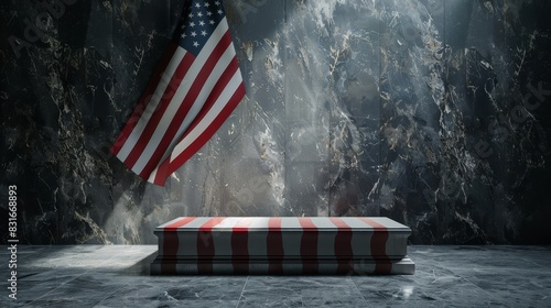 Casket draped with the American flag - A solemn and respectful image featuring a casket draped with the American flag in a dimly lit, marble interior photo