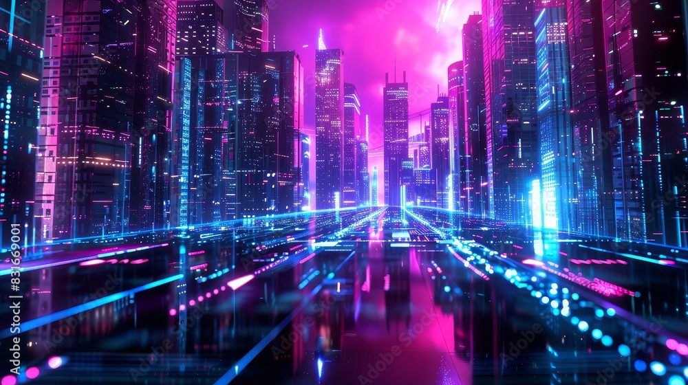 Neon lights in futuristic cityscape at night - A stunning vision of a city at night, illuminated by vibrant neon lights and futuristic architecture