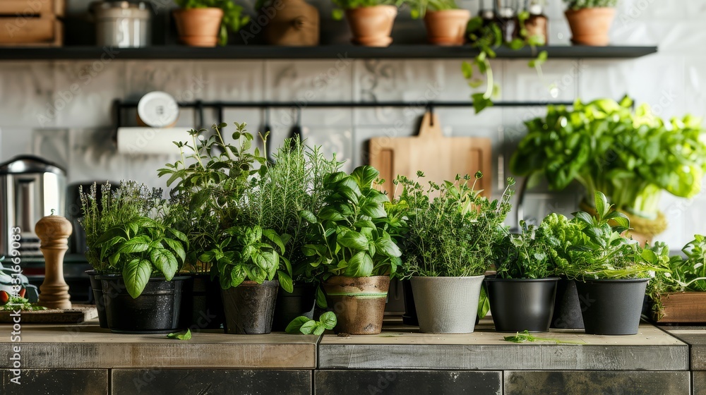 Assortment of potted herbs on a kitchen counter - A variety of fresh potted herbs neatly arranged on a kitchen counter amidst culinary tools and utensils Assortment of potted herbs on a kitchen counter - A variety of fresh potted herbs neatly arranged on a kitchen counter amidst culinary tools and utensils