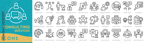 Consulting Services icon set. Advisory Support, Expert Guidance, Strategic Consultation, Professional Advice, Consultancy Solutions, Business Consulting and Management Consulting