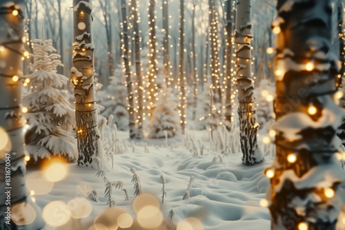 a winter Christmas tree glows among the birches