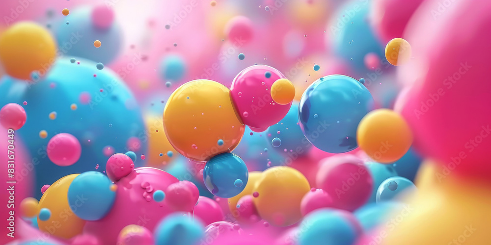 Colorfull background with colorful spheres, balloons and pink blue yellow color.Colorful floating spheres with glossy surface and vibrant background showcasing playful and dynamic abstract design

