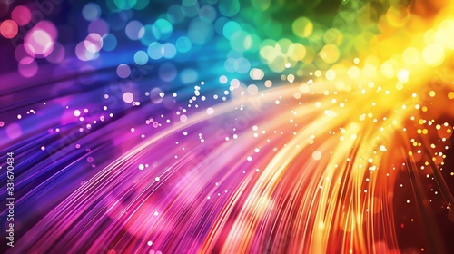 The fiber optic cable is depicted with light rays and a colorful background. The digital technology concept shows the speed of data transfer over the internet in the style of colorful abstract art.