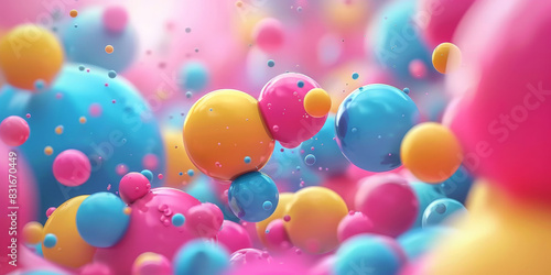 Colorfull background with colorful spheres  balloons and pink blue yellow color.Colorful floating spheres with glossy surface and vibrant background showcasing playful and dynamic abstract design 