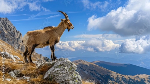 Mountain goat in shades of brown and black on Monte Tamaro s incline under partly cloudy skies with a backdrop of blue sky and sunlight
