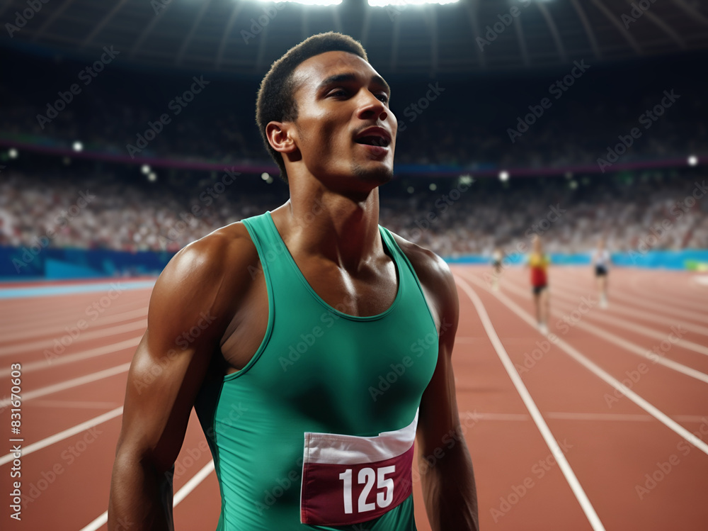 Emotional portrait of a triumphant african american male athlete on stadium track post-race. Olympic atlhete