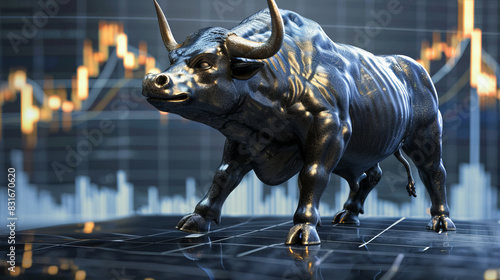 a bull statue standing in front of a stock chart. Concept of market bullish