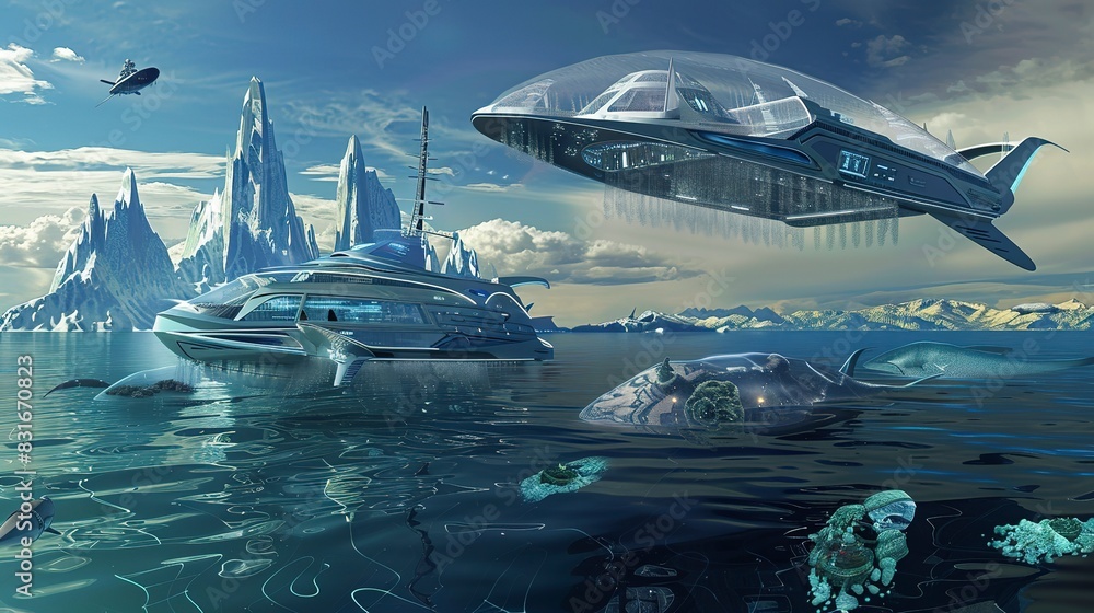 Futuristic Oceans: High-tech underwater habitats or futuristic ships sailing through space-like oceans. 