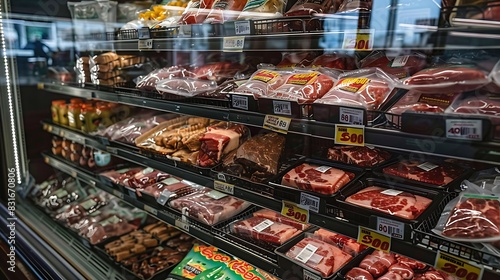 A well-organized display of vacuum-packaged meat in a store s cold section.