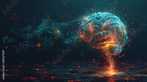 Artificial Intelligence brain, Glowing Neural Pathways and Luminous Fibers, Striking Silhouette, Abstract Digital Mindscape. The thought system of the brain, memory and behavior of human body photo
