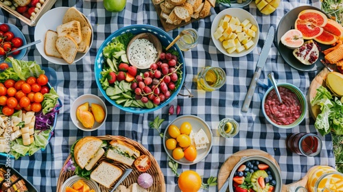 Vibrant summer picnic with a variety of fresh foods on a checkered blanket. Ideal for outdoor dining.