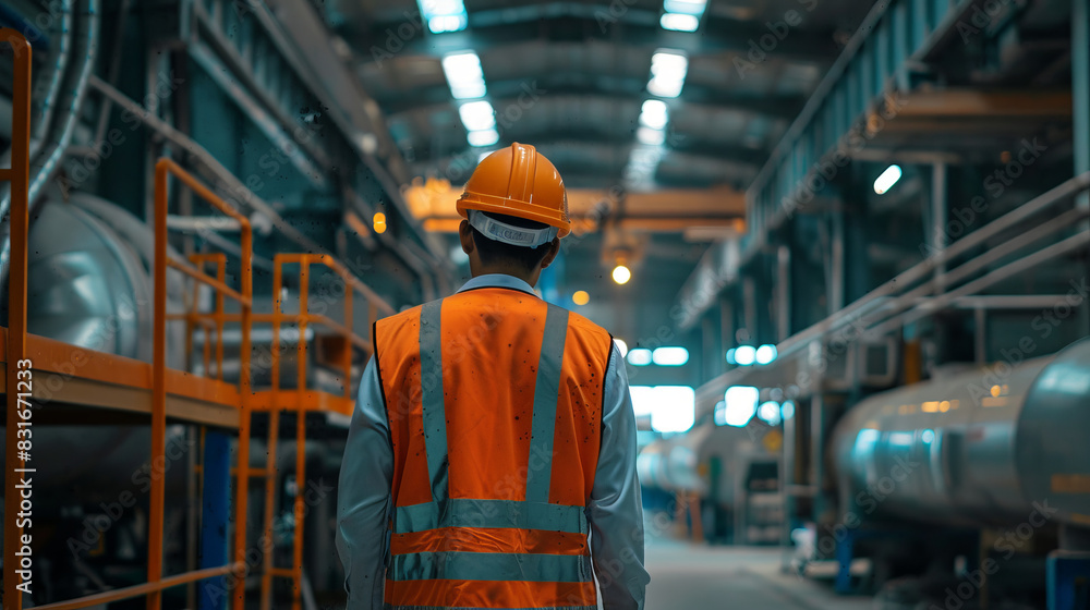 Following Shot of Heavy Industry Engineers Walking Through Manufacturing Factory. In the Background Professionals Working on Construction of Oil, Gas and Fuel Pipeline Transportation Products Following Shot of Heavy Industry Engineers Walking Through Manufacturing Factory. In the Background Professionals Working on Construction of Oil, Gas and Fuel Pipeline Transportation Products