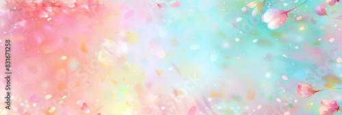Cute pastel pink and baby blue gradient background with flying cherry blossom petals, Delicate cherry blossoms with pastel background in soft focus creating a dreamy and serene floral scene
