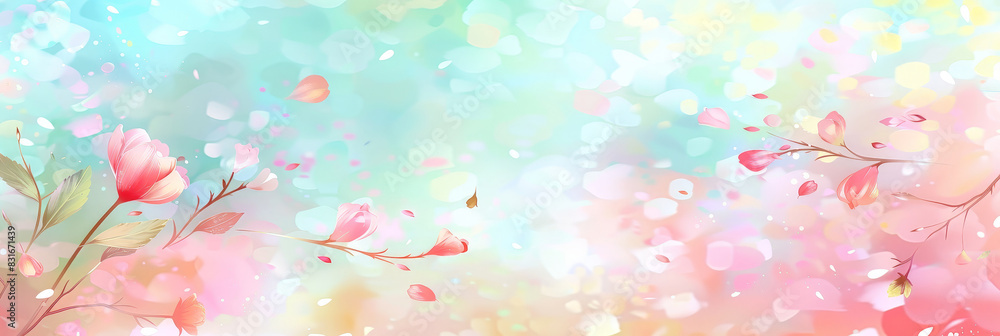 Cute pastel pink and baby blue gradient background with flying cherry blossom petals, Delicate cherry blossoms with pastel background in soft focus creating a dreamy and serene floral scene
