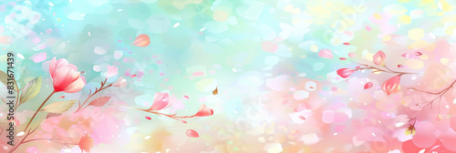 Cute pastel pink and baby blue gradient background with flying cherry blossom petals, Delicate cherry blossoms with pastel background in soft focus creating a dreamy and serene floral scene
