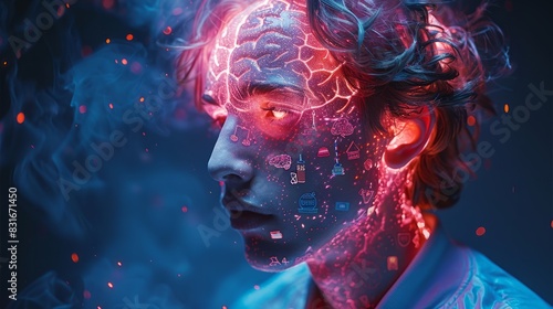 The thought system of the brain, memory, learning, and behavior of the human body. Artificial Intelligence brain with neon brain style of a man.