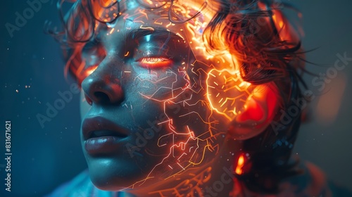 The thought system of the brain  memory  learning  and behavior of the human body. Artificial Intelligence brain with neon brain style of a man.