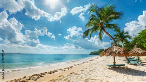 Summer background with frame  nature of tropical golden beach with rays of sun light and leaf palm. Golden sand beach close-up  sea water  blue sky  white clouds. Copy space  summer vacation concept.