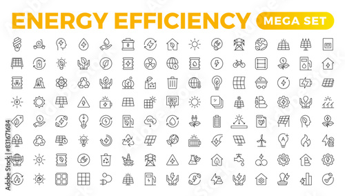 Energy efficiency icon set. Calculator, energy-saving light bulb, piggy bank, solar panel, circular economy, battery, home insulation, energy class vector illustration