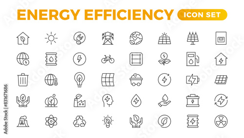 Energy efficiency icon set. Calculator, energy-saving light bulb, piggy bank, solar panel, circular economy, battery, home insulation, energy class vector illustration