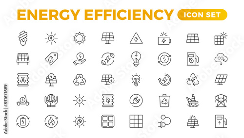 Energy efficiency icon set. Calculator, energy-saving light bulb, piggy bank, solar panel, circular economy, battery, home insulation, energy class vector illustration