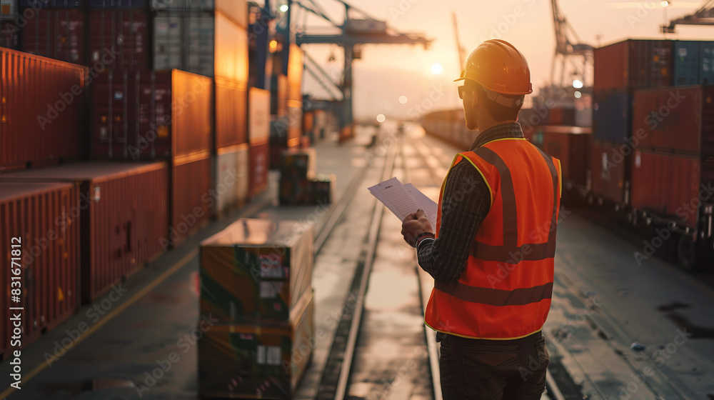 custom made wallpaper toronto digitalForeman in uniform wearing safety helmet checking containers loading manually. Area logistics import export and shipping cargo freight ship.