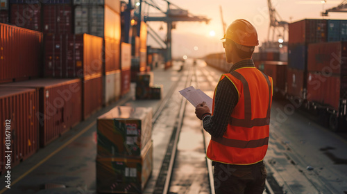Foreman in uniform wearing safety helmet checking containers loading manually. Area logistics import export and shipping cargo freight ship.