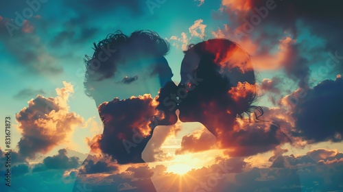 Double exposure of couple in love and sunset sky with colorful clouds. Silhouette portrait of young man and woman kissing, romantic concept. Valentine's day