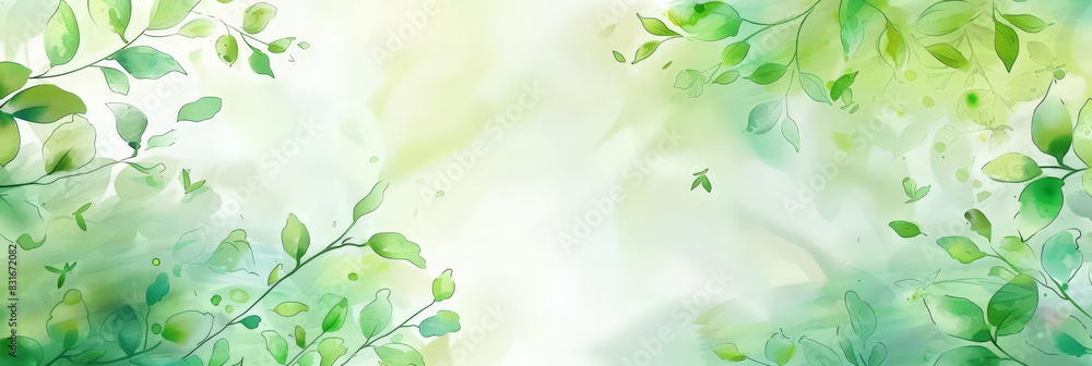 Fototapeta premium Watercolor green pastel leaves background.Lush green foliage on soft pastel background with watercolor effect, creating a serene and tranquil nature-inspired scene