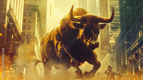 a bull is running through a city street