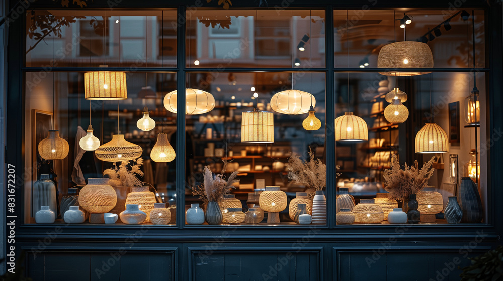 Lamp storefront window showcase of various lighting accessories for the house. Lamp storefront window showcase of various lighting accessories for the house.