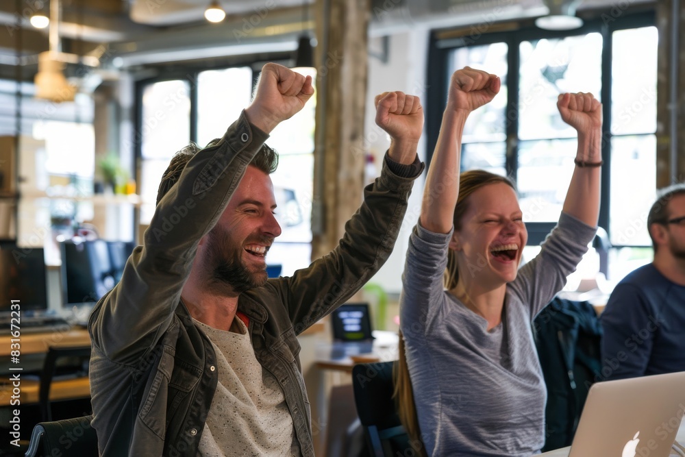 Group of young business people celebrating a victory in a coworking space Group of young business people celebrating a victory in a coworking space