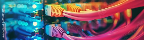 Closeup of colorful network cables connecting to an electronic switchboard in the background, in the style of hightech, high resolution, stock photography photo