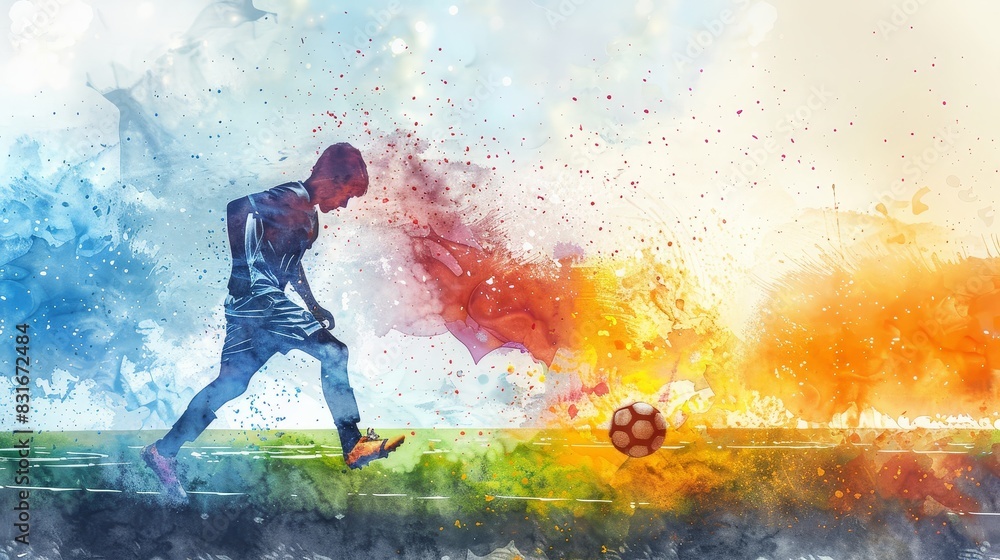Watercolor Soccer Player in a Striking Pose - An athlete in a striking pose on a soccer field with watercolor art style and a color-splashed background Watercolor Soccer Player in a Striking Pose - An athlete in a striking pose on a soccer field with watercolor art style and a color-splashed background